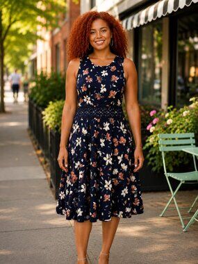 CIVIN Floral Fit & Flare Midi Dress | Size L | Navy Sleeveless Lace Waist Dress